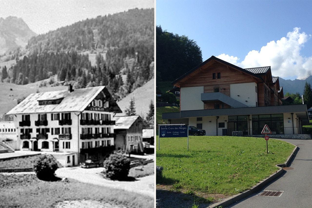 Photo comparative de 1947 et 2023 du Collège des Neiges de Sainte-Croix (Abondance)